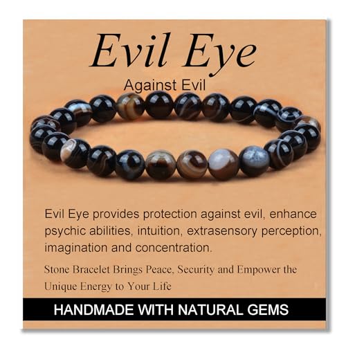 MASSIVE BEADS Handmade Yoga Stretch Elastic Bracelet Natural Stone Crystal Healing Power Energy Gifts for Unisex Adult 4mm 6mm 8mm 10mm - color: Evil Eye Agate(Against Evil), size: 8mm