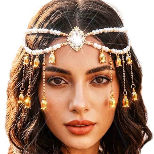 Yokawe Pearl Head Chain with Crystal Pendant, Gold Boho Hair Accessories, Rhinestone Bridal Headpiece, Festival Jewelry for Women