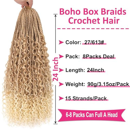 Unionbeauty 24 Inch Boho Box Braids Crochet Hair 8 Packs Goddess Box Braids Crochet Hair Curly Ends Bohemian Box Braids Crochet Hair for Black Woman Ombre Synthetic Braiding Hair Extension T27/613# - color: T27/613#, size: 24 Inch (Pack of 8)