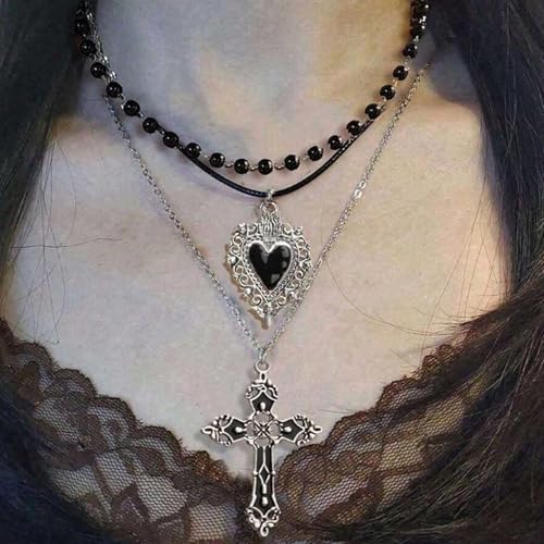 Gothic Necklaces for Women Cross Heart Pendant Layered Necklace Statement Jewelry Dark Romantic Gift for Halloween Parties - color: A:black