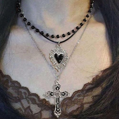 Gothic Necklaces for Women Cross Heart Pendant Layered Necklace Statement Jewelry Dark Romantic Gift for Halloween Parties - color: A:black