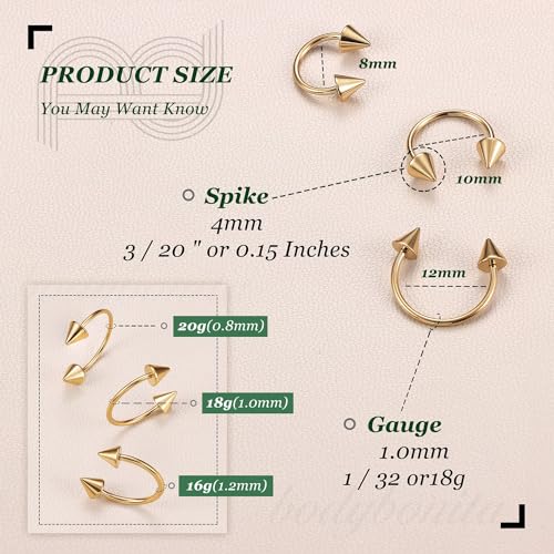 G23 Titanium 14/16/18/20G Septum Rings Horseshoe Nose Ring Jewelry | 2/3Pcs Circular Barbell Spike Lip Body Piercing Jewelry Conch Helix Tragus Earring Silver/Black 8/10/12mm 14K Gold Plated - color: Gold-3pcs, size: Spike-3pcs-18g-8/10/12mm