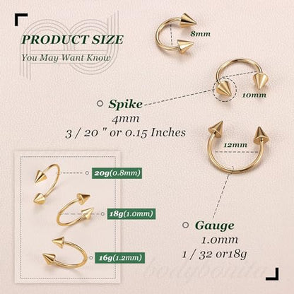 G23 Titanium 14/16/18/20G Septum Rings Horseshoe Nose Ring Jewelry | 2/3Pcs Circular Barbell Spike Lip Body Piercing Jewelry Conch Helix Tragus Earring Silver/Black 8/10/12mm 14K Gold Plated - color: Gold-3pcs, size: Spike-3pcs-18g-8/10/12mm