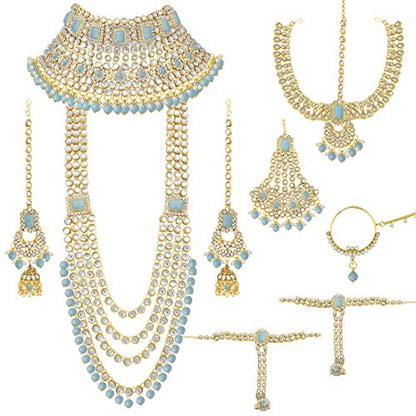 Aheli Traditional Wedding Indian Bharatanatyam jewellery set Long Choker Necklace Earrings Maang Tikka Nath Paasa Hath Phool for Women - color: Sky Blue