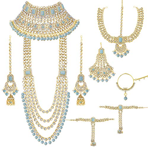 Aheli Traditional Wedding Indian Bharatanatyam jewellery set Long Choker Necklace Earrings Maang Tikka Nath Paasa Hath Phool for Women - color: Sky Blue