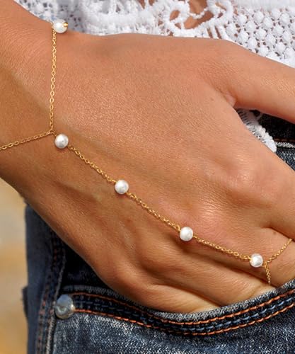 Gold Pearl Hand Chain Bracelet for Women, Adjustable Ring Chain | 14K gold-plated hand chain with pearl accents, adjustable for weddings, parties, birthdays, and daily wear - color: Pearl Chain Bracelet-GD