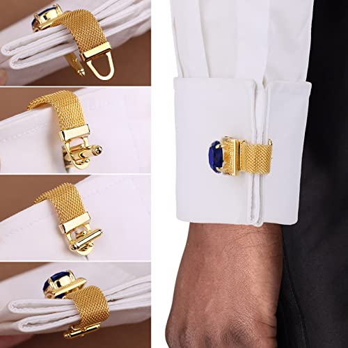 HAWSON Mens Cufflinks with Chain - Stone and Shiny Gold Tone Shirt Accessories - Party Gifts for Young Men - color: 24K Gold Color+Dark Blue Crystal