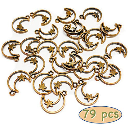 Heather's cf Star Charms for Jewelry Making Silver Tibetan Star Moon Snowflake Pendants Non Tarnish Metal Earring Charm for Bracelets Necklaces Earrings DIY Jewelry Making Supplies - color: Copper Moon- 79Pcs