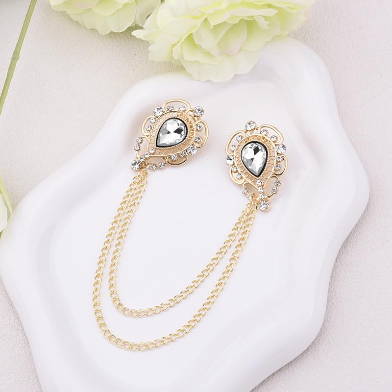 Teardrop Rhinestone Brooch Mens Lapel Pins for Shirt Collar Hanging Chain Brooch Suit Pin Crystal Rhinestone Lapel Pins for Men - color: White