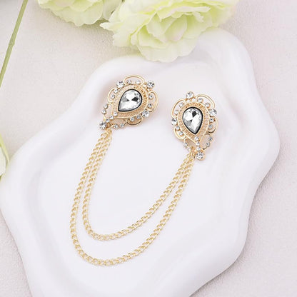 Teardrop Rhinestone Brooch Mens Lapel Pins for Shirt Collar Hanging Chain Brooch Suit Pin Crystal Rhinestone Lapel Pins for Men - color: White