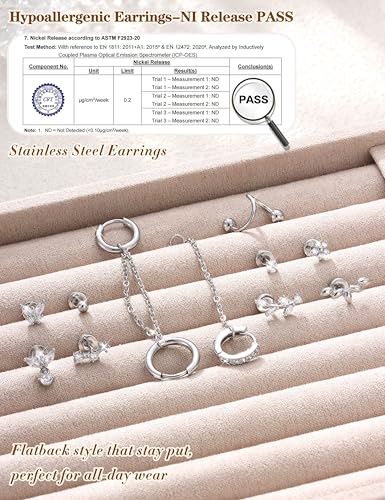 Cartilage Earrings for Women - 14K Gold Plated Flat Back Helix Conch Tragus Piercing Jewelry Single Stainless Steel Stud Earrings Hoops Stackable Set - color: Silver Tone