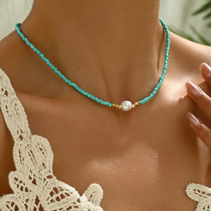 Faux Pearls Necklace Irregular Woven Beads Design, Adjustable Length, Multicolor Seed Beads for Everyday, Beach, Layering - color: White