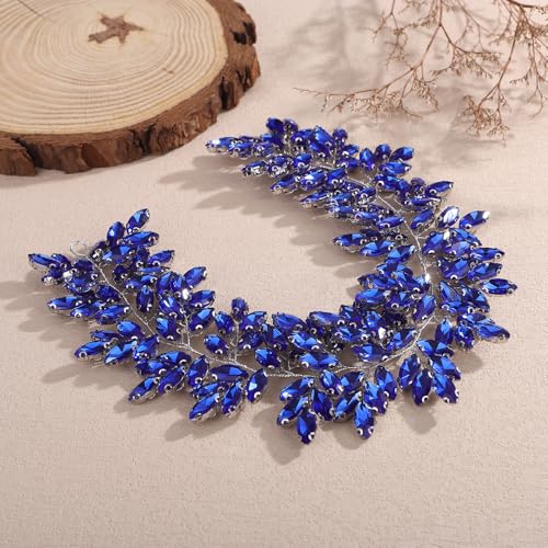 Missgrace Women Silver Green Black Red Blue Handmade Full Crystal Rhinestone Large Headband Hair Vine Shinny Headpiece Bridal Wedding Hair Accessories for Women (Blue) - color: Blue