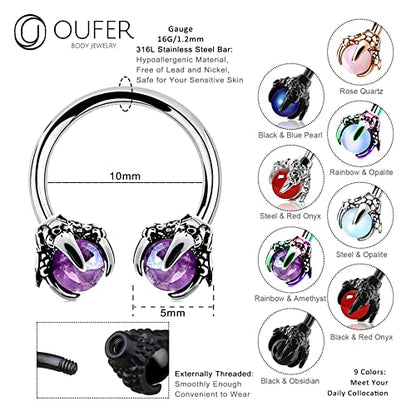 OUFER 316L Surgical Steel Circular Earrings Two White Opals Surrounded by Dragon Claws Cartilage Earing Ear Body Piercing Jewelry Helix Earrings Piercing… - color: Steel Amethyst
