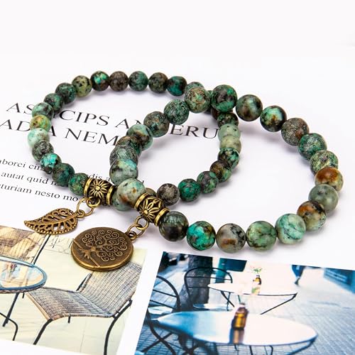 Bivei Natural Semi Precious Gemstone beads bracelet for women - Life Tree and Leaf Charm Energy Reiki Crystal Stretch Bracelets - color: African Turquoise Bracelet Set, size: Small:6.61-6.7inch