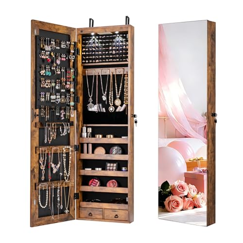 NAFORT 2 LEDs Full Length Mirror with Jewelry Armoire, Jewelry Organizers and Storage with 2 Mounting Options, 47.5”H Jewelry Cabinet with 2 Drawers, Make up & Lockable Jewelry Box, Rustic Brown - color: Rustic Brown