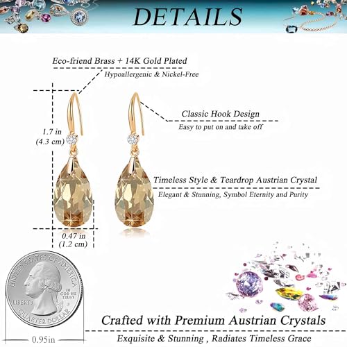 Austrian Crystal Teardrop Dangle Drop Earrings for Women 14K Gold Plated Hook Earring Hypoallergenic Jewelry Gifts for Women Girls - color: Light Topaz