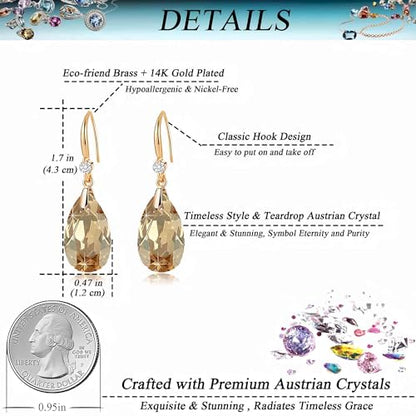 Austrian Crystal Teardrop Dangle Drop Earrings for Women 14K Gold Plated Hook Earring Hypoallergenic Jewelry Gifts for Women Girls - color: Light Topaz