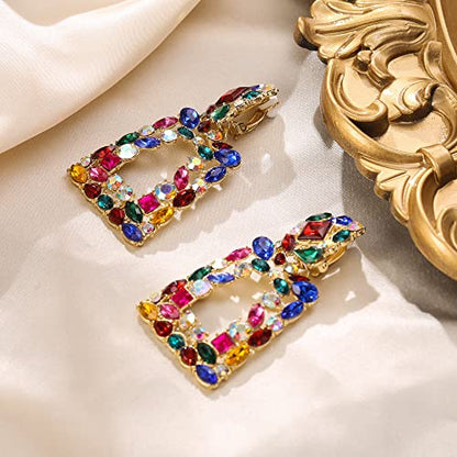 Flyonce Rectangle Clip-on Drop Earrings for Women, Sparkly Rhinestone Crystal Geometric Statement Non Pierced Earring Wedding Prom Party Jewelry for Brides Bridesmaid - color: Colorful