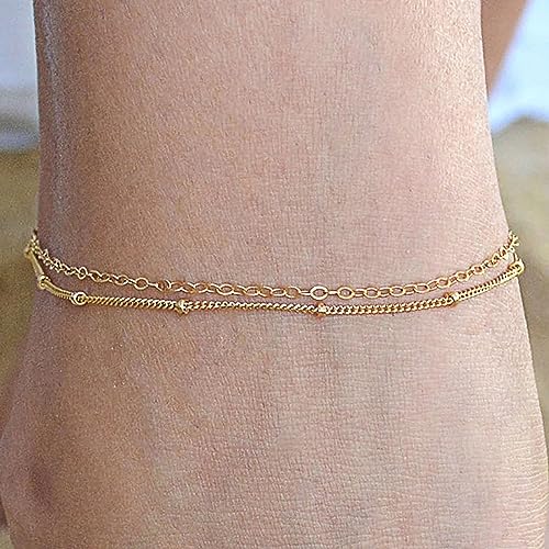 Pencros Dainty Layered Anklet,14K Gold Filled Cute Beads Satellite Chain Heart Boho Adjustable Anklets for Women - color: Layer Satellite Chain Gold