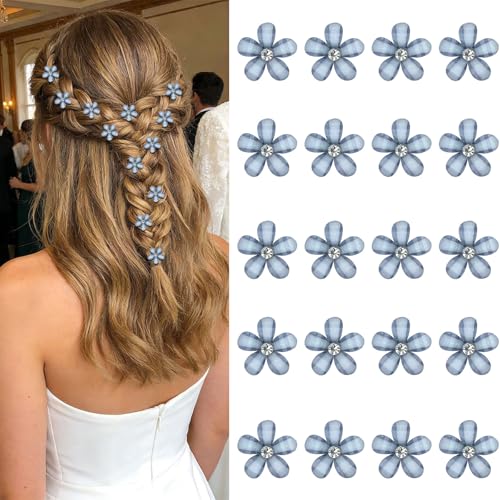 YISSION 20Pcs Mini Dusty Blue Plaid Flower Hair Clips, Rhinestone Decorative Hair Pins for Women and Girls Wedding Bridal Prom Daily Hairstyle Accessories - color: Dusty Blue