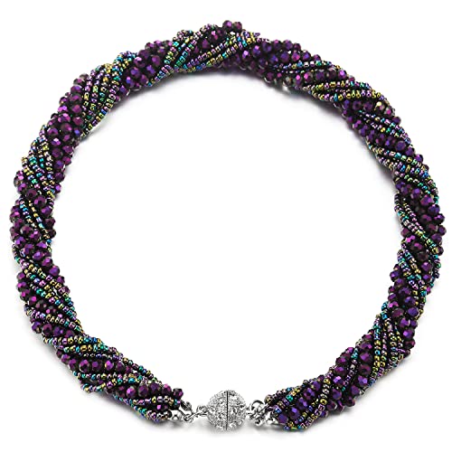 COOLSTEELANDBEYOND Multi-Layer Beads Crystal Braided Chain Choker Collar Magnetic Clasp,Statement Necklace, Bracelet - color: S-Necklace Dark Purple Color
