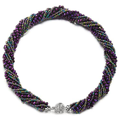 COOLSTEELANDBEYOND Multi-Layer Beads Crystal Braided Chain Choker Collar Magnetic Clasp,Statement Necklace, Bracelet - color: S-Necklace Dark Purple Color