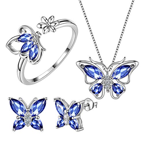 Aurora Tears Butterfly Jewelry,Women 925 Sterling Silver Butterflies Birthstone Pendant Necklace/Earrings/Rings Wedding Gift - color: L.December-set 2