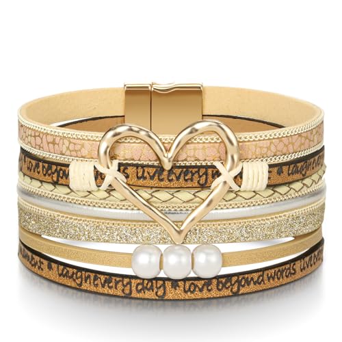 Desimtion Inspirational Tree of Life Boho Leather Wrap Bangle Bracelets for Women, Teen Girl Gifts Trendy Stuff, Fashion Accessories Jewelry Gifts for Women Girls - color: Beige-heart