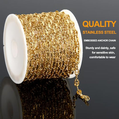 KYUNHOO 9.8 Feet Stainless Steel Jewelry Making Chains for Crafting | Gold Plated Chains Bulk Embossed Oval Chain Links with Lobster Clasps Jump Rings for Handcraft Making Supplies - color: Embossed Oval Gold