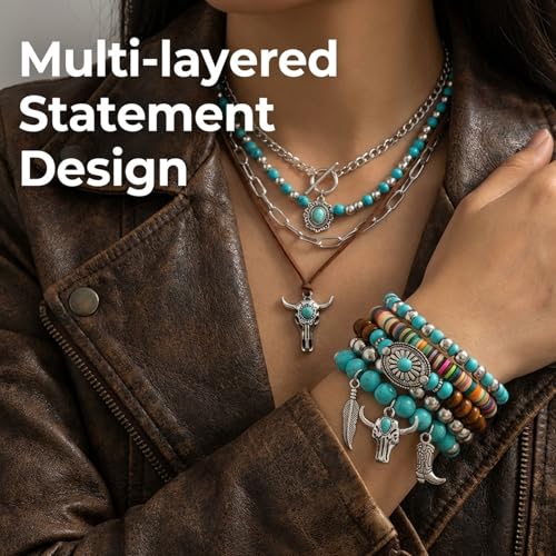 Western Jewelry Sets for Women Boho Jewelry, Layer Bohemian Necklace Earrings Bracelet, Cowgirl Accessory Rodeo Summer Beach - color: Blue,Brown