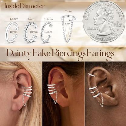 4Pcs Ear Cuffs Non-Piercing for Women Dainty 14K Gold Plated Clip On Cartilage Earrings Hypoallergenic Huggie Hoop Cuffs Fake Earings for Non Pierced Ears - color: Classic-White Gold Plated