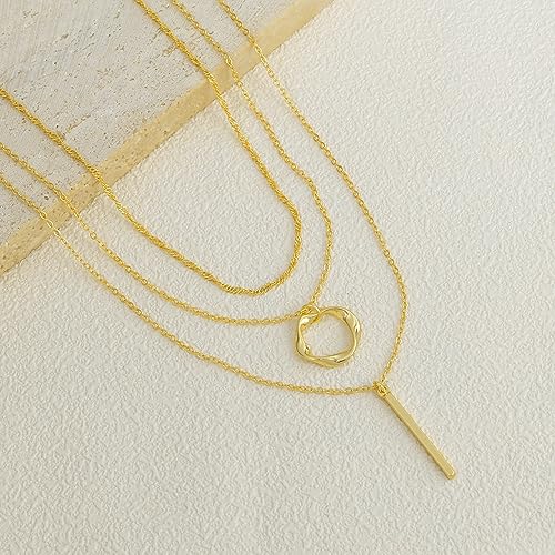 14K Gold Silver Plated Layered Necklaces for Women Trendy | Necklaces for Women Trendy, Stackable Dainty Chain Necklace, Beach Cute Fashion Pendant Choker Necklace, Jewelry Set Gifts - color: 3PCS / Bar & Twisted Circle & Wave