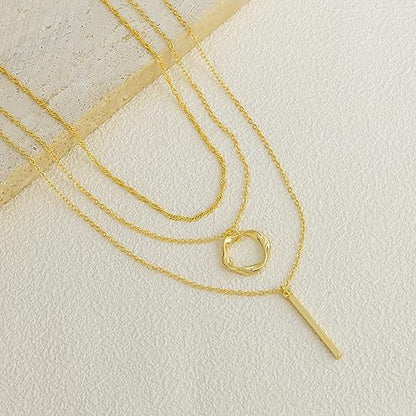 14K Gold Silver Plated Layered Necklaces for Women Trendy | Necklaces for Women Trendy, Stackable Dainty Chain Necklace, Beach Cute Fashion Pendant Choker Necklace, Jewelry Set Gifts - color: 3PCS / Bar & Twisted Circle & Wave