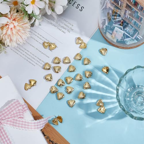 WEBEEDY 30 PCS Gold Heart Locket Pendants Small Brass Photo Frame Charms Personalized Heart Locket Necklace Memory Photo Charms for DIY Crafts Keychain Jewelry Making Love Wedding Gift Decorations
