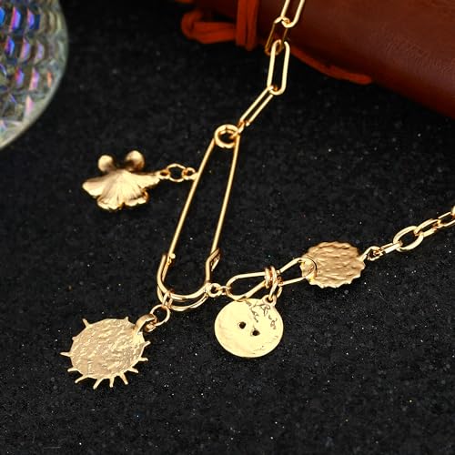 Charm Necklace for Women Gold Evil Eye Sun Moon Flower Coin Pendant Necklace Dainty Paperclip Chain Vintage Luck Amulet Choker Necklaces Celestial Jewelry Gift - style: Blue Flower, Sun