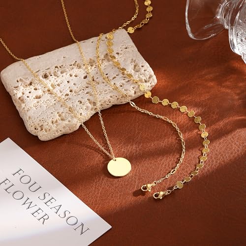 Gold Necklace for Women 14K Gold Plated Layered Necklaces Dainty Pendant Necklace Cute Stack Necklaces Set Fashion Jewelry Gift for Her - style: circle1-gd
