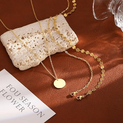 Gold Necklace for Women 14K Gold Plated Layered Necklaces Dainty Pendant Necklace Cute Stack Necklaces Set Fashion Jewelry Gift for Her - style: circle1-gd