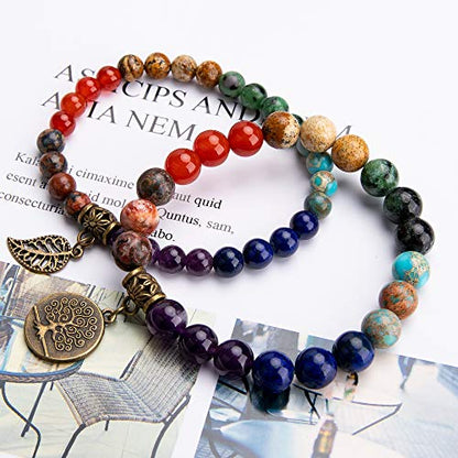 Bivei Natural Semi Precious Gemstone beads bracelet for women - Life Tree and Leaf Charm Energy Reiki Crystal Stretch Bracelets - color: # 7 chakras bracelet set- Bronze, size: Medium:6.8-7.24inch