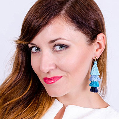 BaubleStar Bohemian Layered Tassel Drop Earrings for Women | Lightweight Statement Party Festival Jewelry - color: Blue Ombre