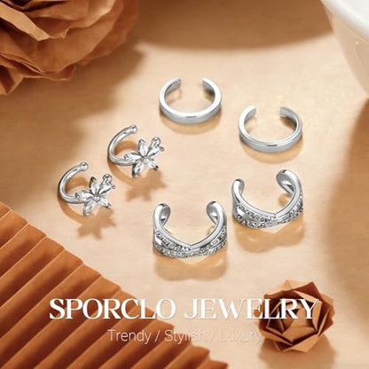 Ear Cuff Earrings for Women Non Piercing Helix Cartilage Clip on Ear Cuffs 14K Gold Plated & Sterling Silver Stainless Steel Hypoallergenic Huggie Hoop Fake Earring Set Jewelry Gift - color: K1-Floral Cuff Set Silver