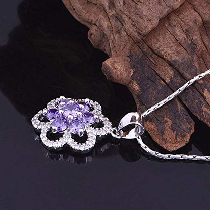 Uloveido Women's Platinum Plated Cubic Zirconia Flower Pendant Necklace Hoop Earrings and Rings Set Crystal Wedding Jewelry T489 - color: Purple