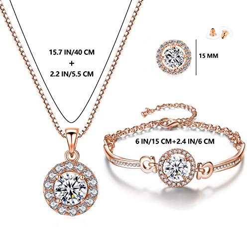 YooAi Jewellery Set Heart Pendant Necklace and Earrings Set Cubic Zirconia Jewellery for Women - color: Round Rose Gold
