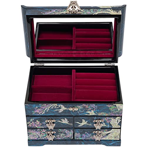 February Mountain Mother of Pearl Wooden Jewelry Organizer Box – Jewelry Storage Box for Women, Features Spacious Drawers, Ideal for Rings, Bracelets, Watches, Chains, Accessories (Crane_Blue) - style: Crane_Blue