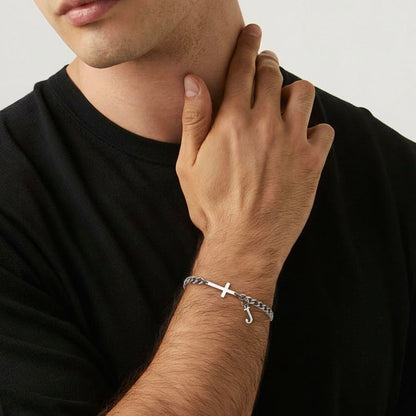 Cross Cuban Link Bracelets for Men Initial A - Z Faith Cross Bracelets, Stainless Steel Fashion Initial Charm Chain Bracelet Religious Jewelry Gift for Men - color: Silver R