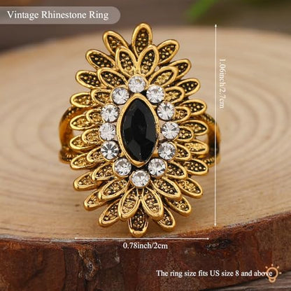 Boho Retro Rhinestone Ring Ethnic Big Flower Crystal Finger Ring Trendy Statement Tribal Indian Dance Costume Ring Jewelry for Women - color: Gold-black