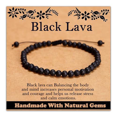 468Handmade Adjustable Natural Gemstone Crystal Bracelet Healing Power Energy Inspirational Gifts with Card for Unisex - color: 06-Black Lava(Solidify Belief), size: 4mm