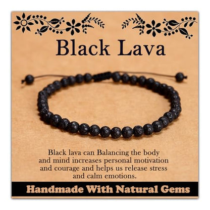 468Handmade Adjustable Natural Gemstone Crystal Bracelet Healing Power Energy Inspirational Gifts with Card for Unisex - color: 06-Black Lava(Solidify Belief), size: 4mm