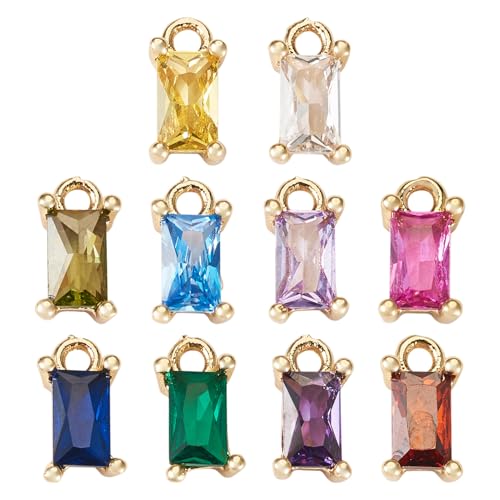 Beadthoven 10pcs Real 18K Gold Plated Rectangle Crystal Charms Pendants Micro Pave Cubic Zirconia Birthstone Charms Mini Necklace Pendants for Jewelry Making Bracelets Choker Earrings DIY Crafts - color: Mini Rectangle