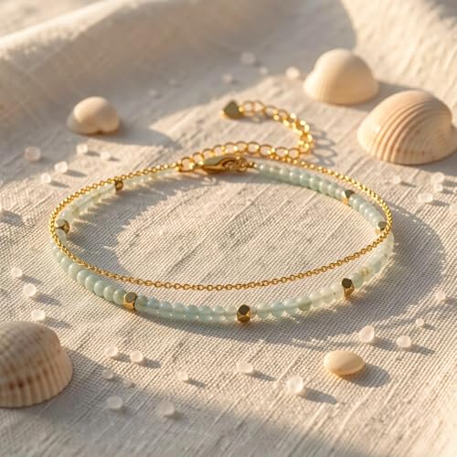 Gold Ankle Bracelet for Women Waterproof, Dainty Natural Stone Bead Anklet Adjustable Double Ankle Chain Summer Beach Boho Foot Jewelry Anniversary Birthday Gifts - color: Amazonite